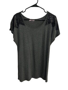 Womens Gray Sequin Shoulder Loose Fit Casual Top Size Large Minimalist Chic